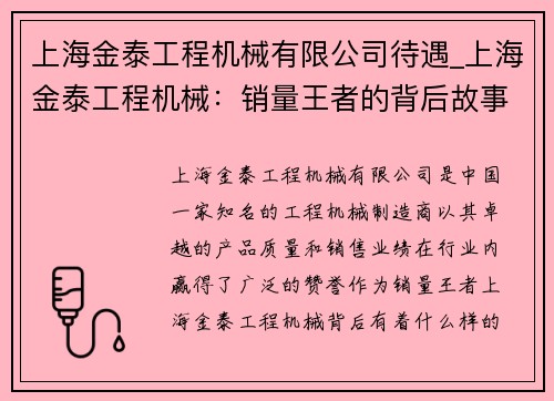 上海金泰工程机械有限公司待遇_上海金泰工程机械：销量王者的背后故事